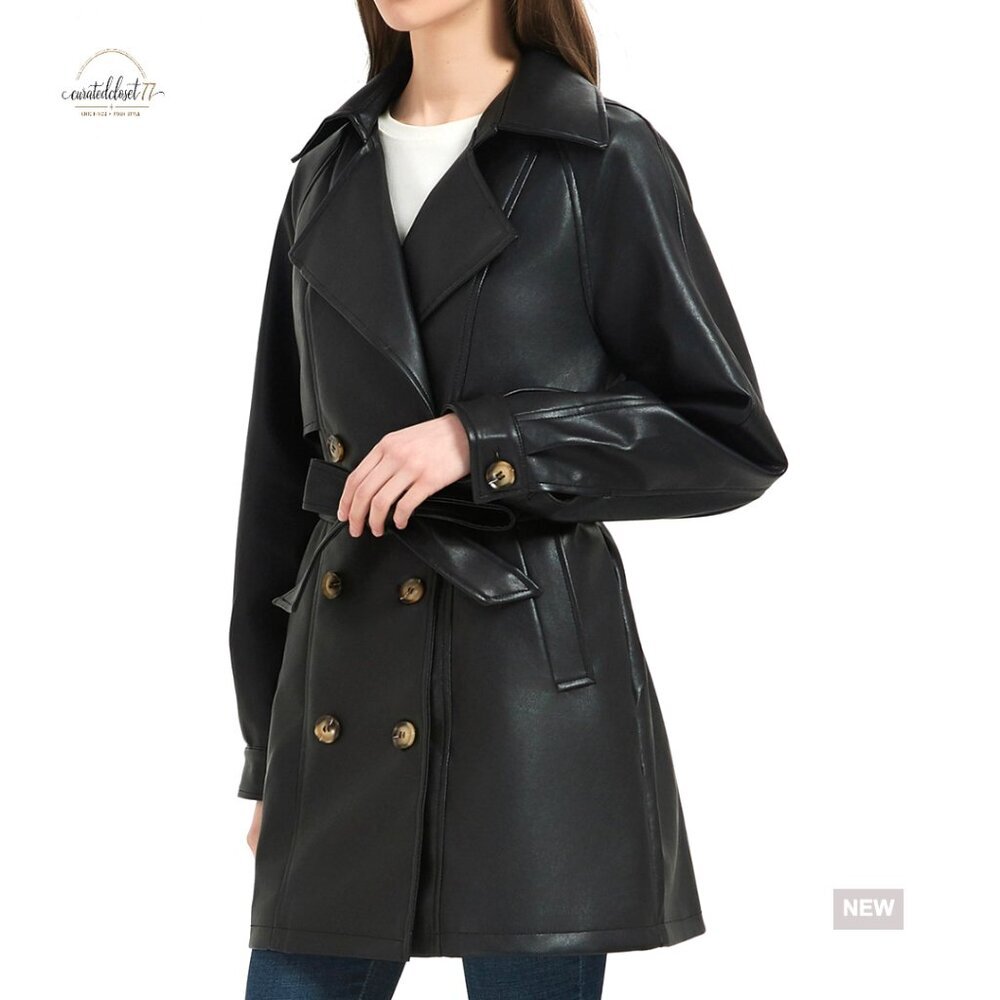 Faux Leather Trench Coat Double Breasted Belted Chic Classic Oversized Style